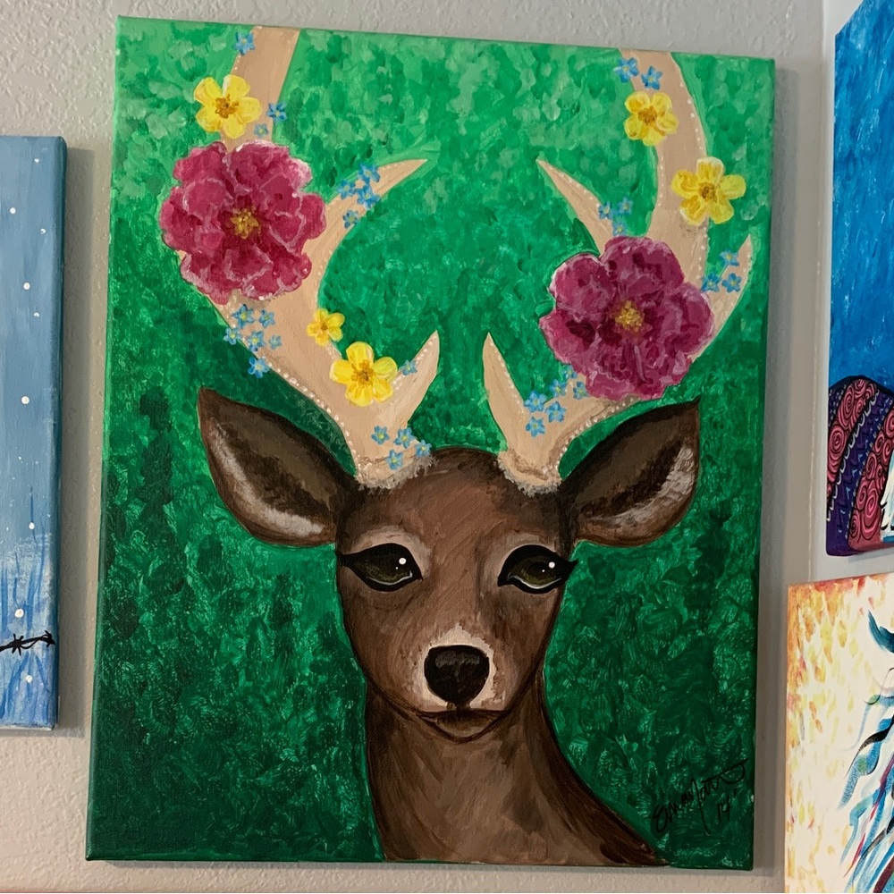 Original Stag and Flower Painting 16x20